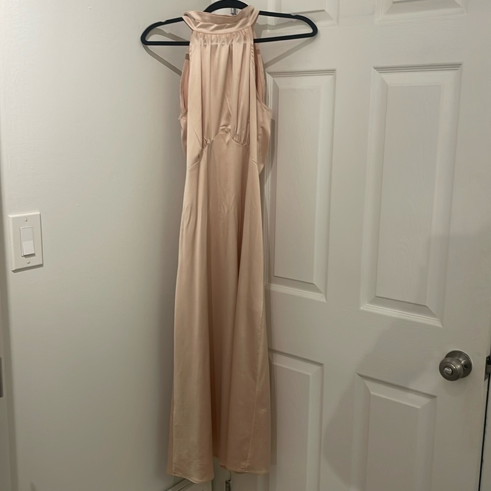 Women Elegant Sleeveless Dress Halter Neck Backless Satin Slit Solid Color